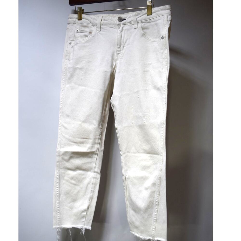 AMO Twist Crop Jeans Sea Salt White Distressed Raw Hem Women's Size 27 Made USA